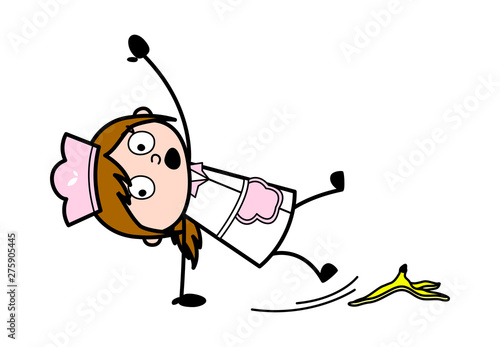 Slipped on Banana Peel - Retro Cartoon Waitress Female Chef Vector Illustration