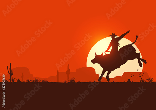 Rodeo cowboy riding bull at sunset, vector