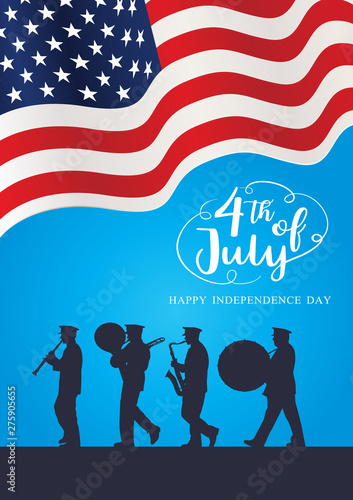 Silhouette marching band parade with text 4th July, vector