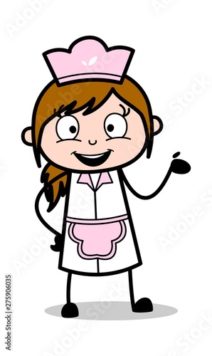 Presenting with Showing Hand - Retro Cartoon Waitress Female Chef Vector Illustration