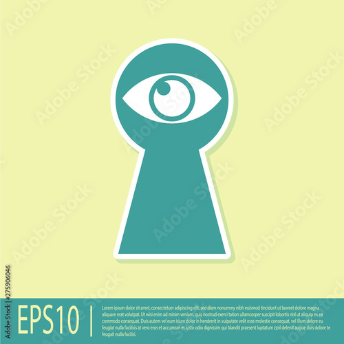 Green Keyhole with eye icon isolated on yellow background. The eye looks into the keyhole. Keyhole eye hole. Vector Illustration