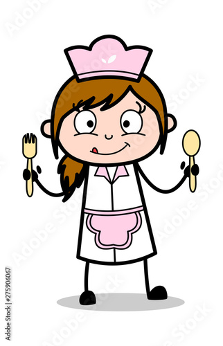 Showing Spoons - Retro Cartoon Waitress Female Chef Vector Illustration