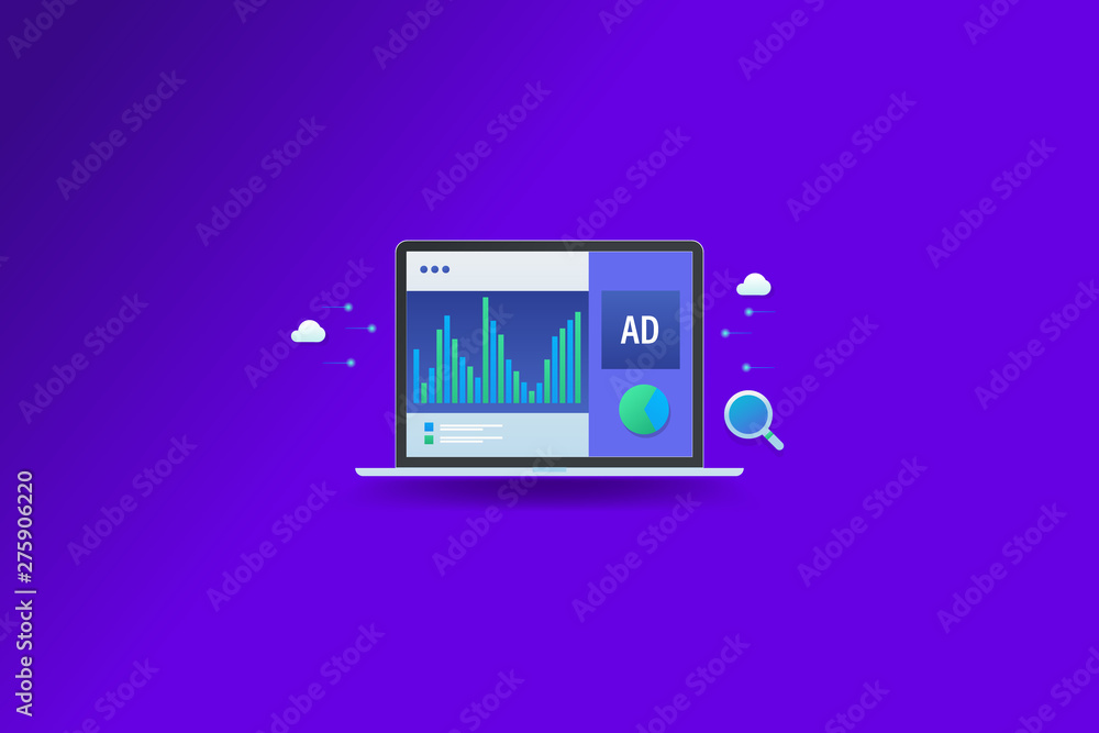 Digital marketing, online advertising, business data analysis on laptop screen, vector web banner. Digital marketing, online advertising, business data analysis on laptop screen, vector web banner.