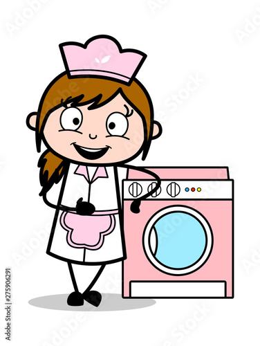 Presenting a Washing Machine - Retro Cartoon Waitress Female Chef Vector Illustration