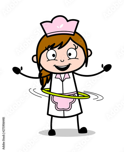 Playing with Hula Hoop - Retro Cartoon Waitress Female Chef Vector Illustration