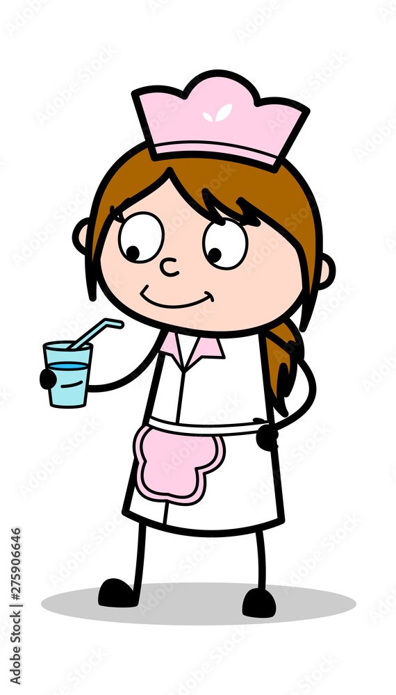Drinking Energy Water - Retro Cartoon Waitress Female Chef Vector Illustration Drinking Energy Water - Retro Cartoon Waitress Female Chef Vector Illustration