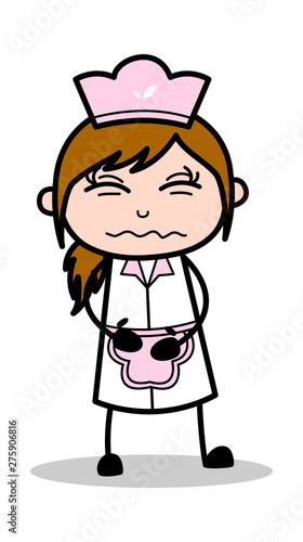 Stomachache - Retro Cartoon Waitress Female Chef Vector Illustration