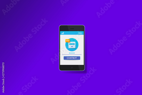 Chatbot application on mobile phone screen, vector web banner.