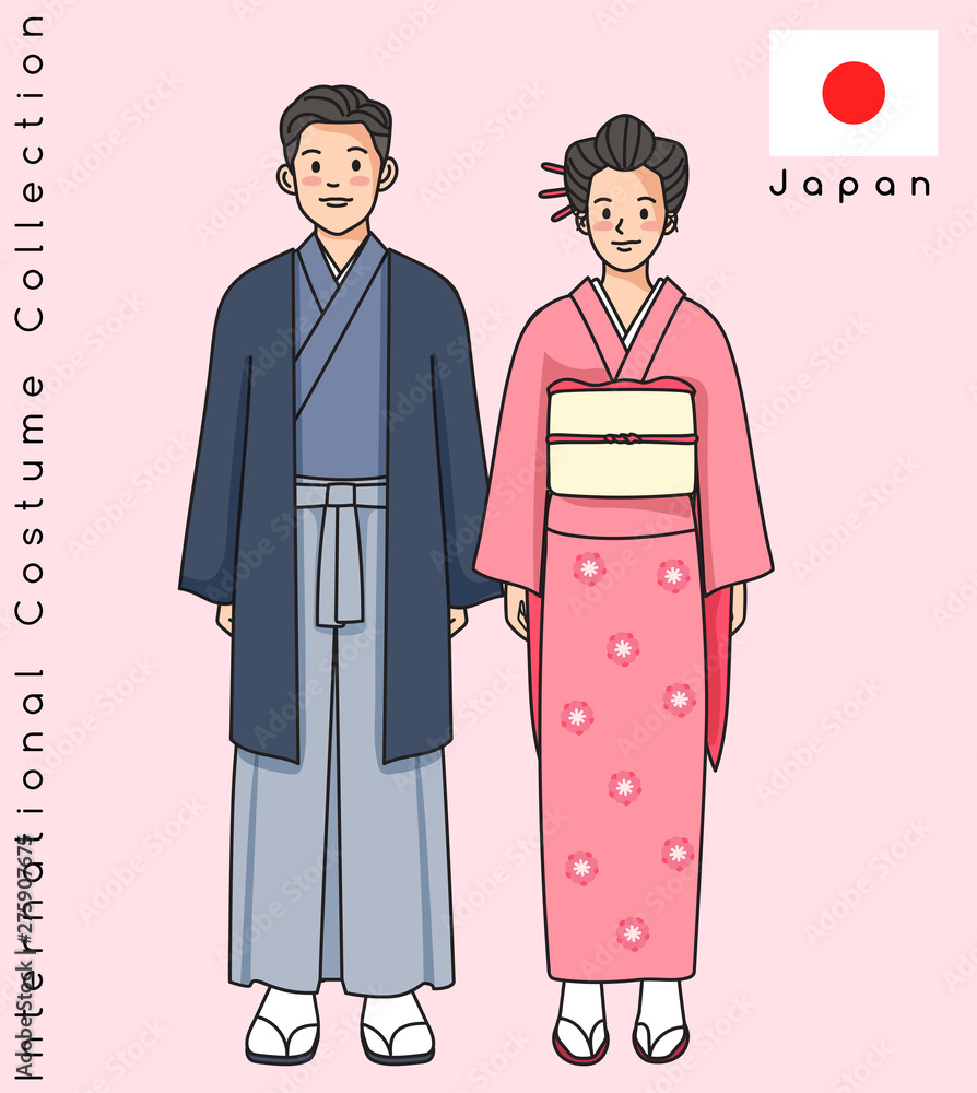 Cute Asian couple with traditional clothes : Vector Illustration