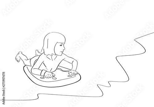 Little child swims on bodyboard in the sea. Vector bodyboarding kid contour. Isolated black outline. Black lines drawing.