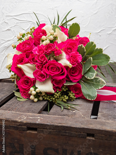 Wedding bouquet of Yak crimson roses. Copy space.