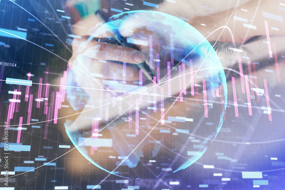 Financial forex graph displayed on hands taking notes background. Concept of research. Double exposure Financial forex graph displayed on hands taking notes background. Concept of research. Double exposure