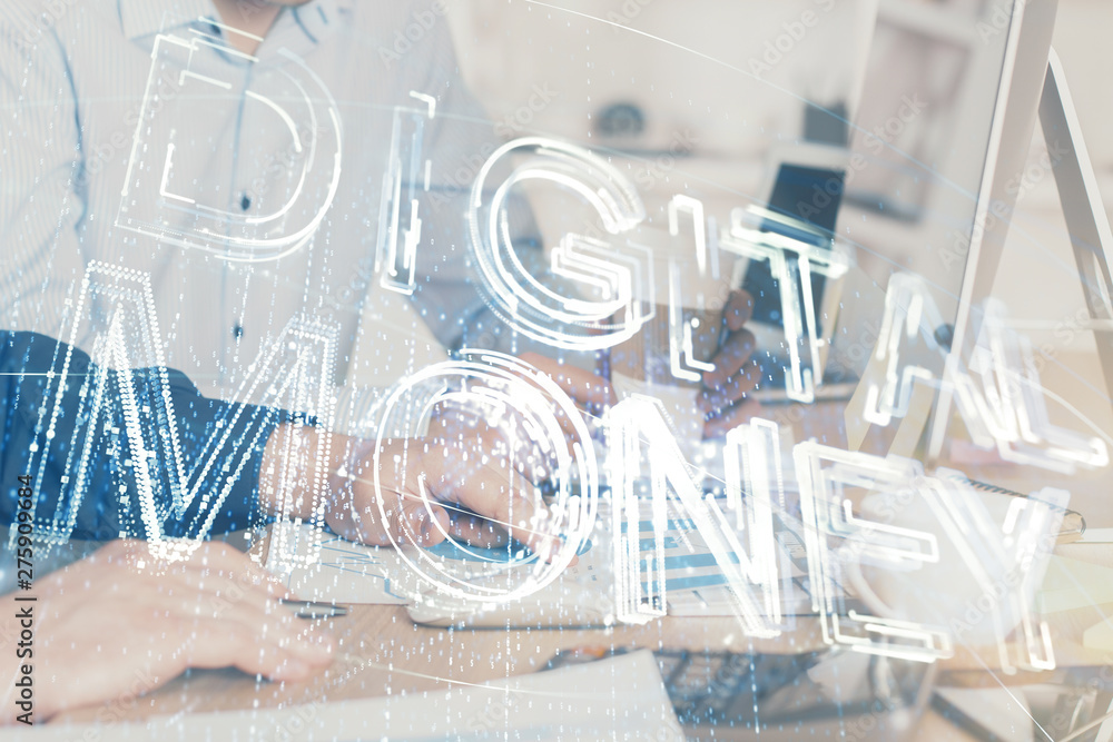 Crypto currency theme hologram with businessman working on computer on background. Concept of blockchain. Multi exposure. Crypto currency theme hologram with businessman working on computer on background. Concept of blockchain. Multi exposure.