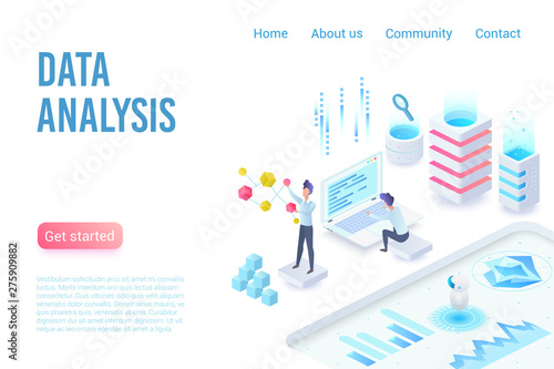 Data analysis and visualization isometric landing page vector template. Big data, statistics, web analytics and website traffic webpage design layout. Programming, IT industry 3d concept illustration