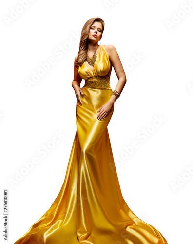 Fashion Model Gold Dress, Woman Full Length Portrait in Golden Yellow Long Gown on White