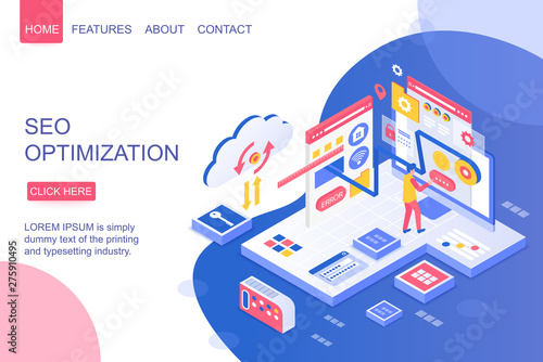 SEO optimization isometric vector landing page template. Digital marketing tool webpage design layout. Web development and website customization services 3d concept. Programming, IT industry