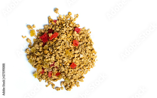 Various cereals and granola mix with fruit