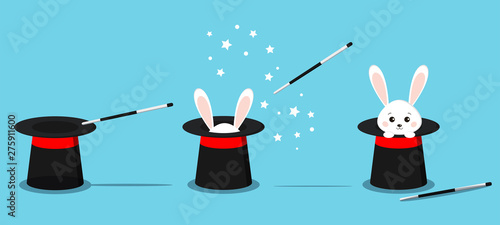 Isolated magician's black hat, magic hat with bunny ears, white rabbit in hat with magic wand in action and stars. Vector flat illustration in cartoon style.