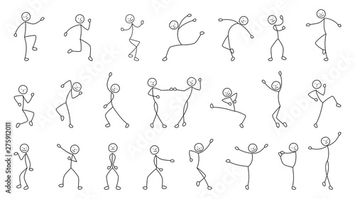 dancing people, freehand drawing, sketch, stick figure man pictogram, isolated silhouettes on white background