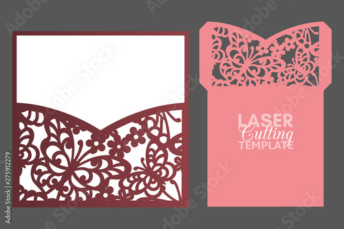 Laser cut pocket envelope template with pattern of butterflies and flowers, vector. Wedding invitation or greeting card with abstract ornament. Suitable for greeting cards, invitations, menus.