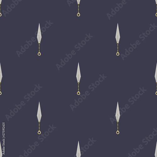 Seamless pattern with kunai throwing knives. Ninja weapon. Samurai equipment. Cartoon style. Vector illustration for design, web, wrapping paper, fabric, wallpaper.