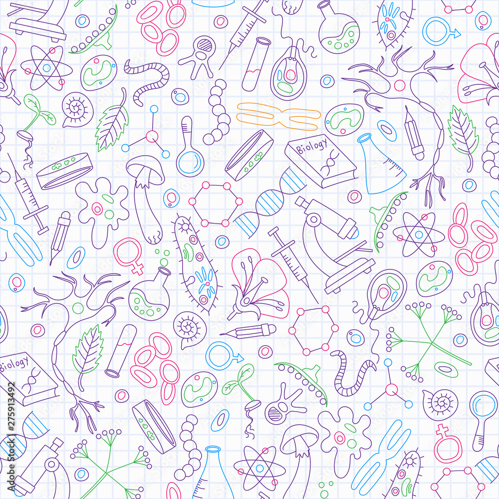 Seamless background on a theme of biology and education, colored marker on the clean writing-book sheet in a cage Seamless background on a theme of biology and education, colored marker on the clean writing-book sheet in a cage