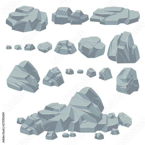 Rock stones. Natural stone rocks, massive boulders. Granite cobble cliff and stone heap for mountain landscape. Cartoon vector set photo