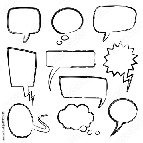 Sketch speech bubbles. Doodle message bubble elements, thinking balloons with scribble pencil texture. Isolated cartoon vector set