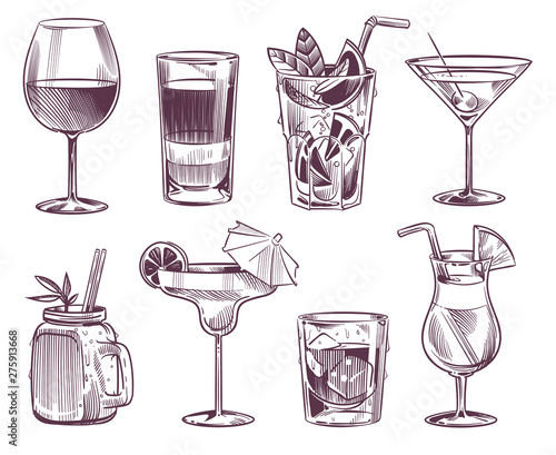 Sketch cocktails. Hand drawn cocktail and alcohol drink, different drinks in glass for party restaurant menu. Vector illustration set