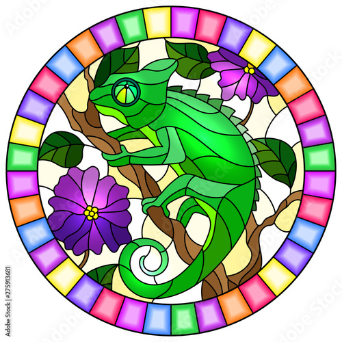 Illustration in stained glass style with bright green chameleon on plant branches background with leaves and flowers on light background,round image in bright frame