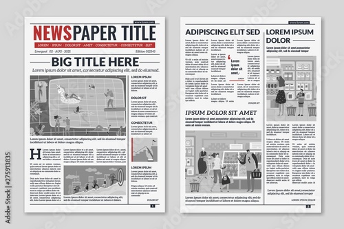 Newspaper layout. News column articles newsprint magazine design. Brochure newspaper sheets. Editorial journal vector template photo