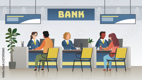 Bank office interior. Professional banking service, finance manager and clients. Credit, deposit consult management vector concept