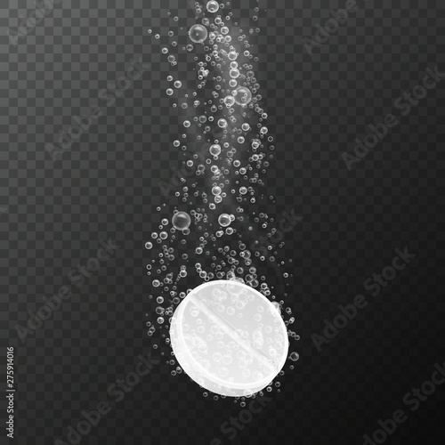 Tablet with bubbles. Effervescent dissolving aspirin pill in fizzy water. Vitamin drug with bubbles. Pharmacy vector isolated template