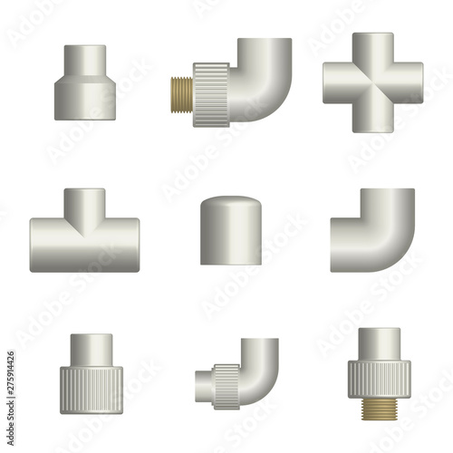 Set of fittings and connections for plastic pipes, vector illustration.