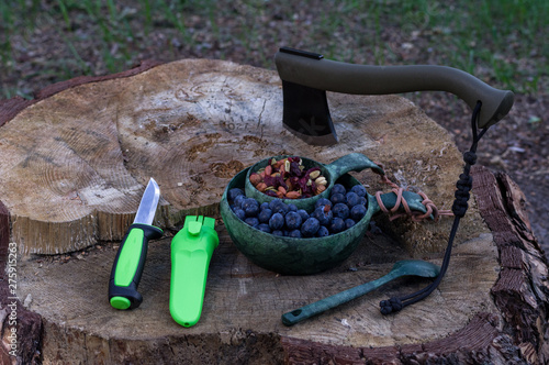 Camp knife and ax. Camping utensils and tools. photo