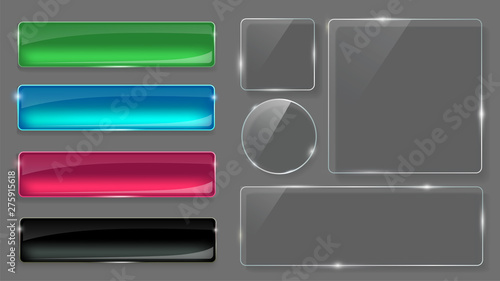 Glass plates set. Realistic transparent and multicolored glass buttons. Vector glass banners on gray background.