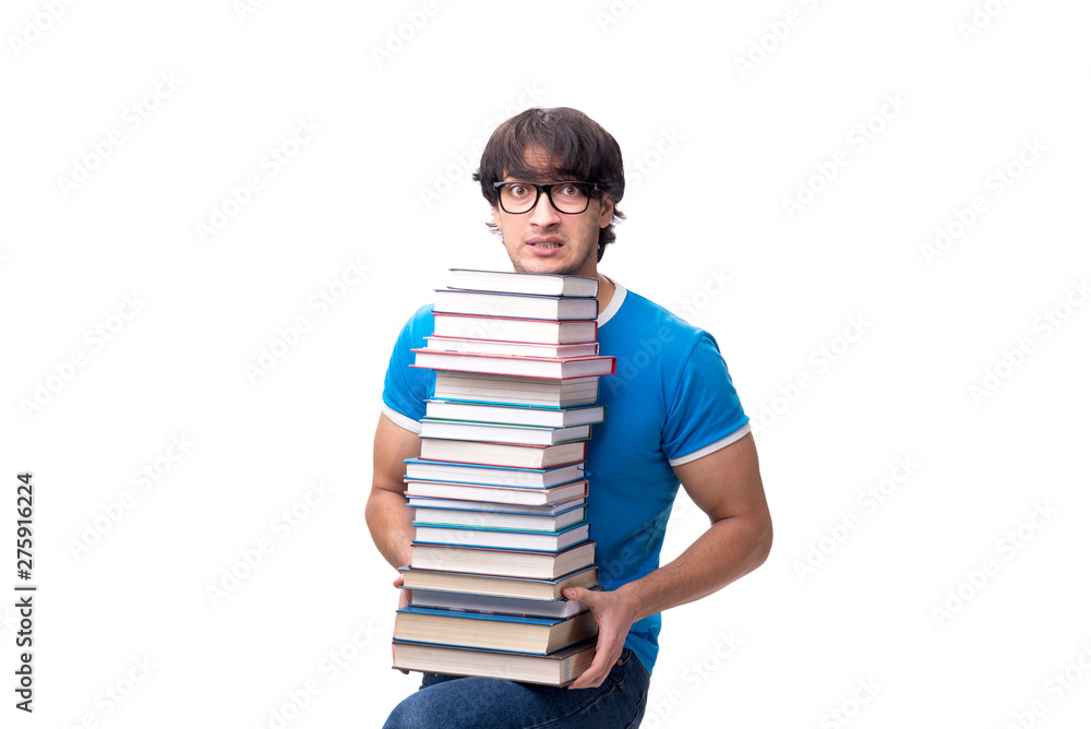 Male student with many books isolated on white Male student with many books isolated on white