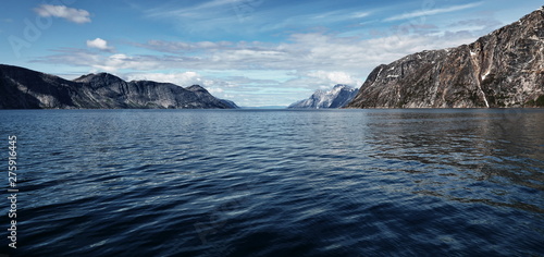 Landscape Greenland, Nuuk fjord, ocean with mountains background