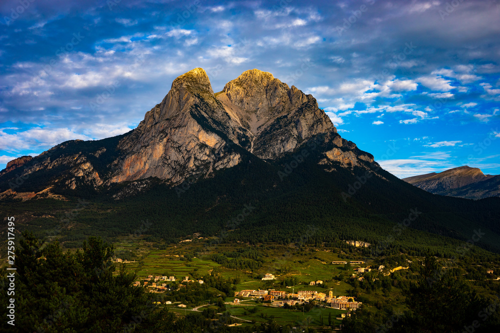 Pedraforca mont on cloudy day with high contrast colors