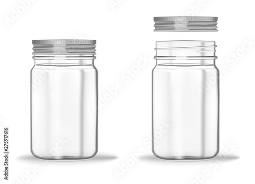 Glass mason jar with screw metal lid, vector mockup. Clear empty food container - closed and opened, realistic illustration