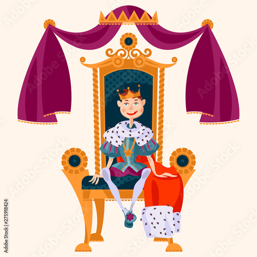 Little king wearing crown and royal mantle, sitting on a throne.