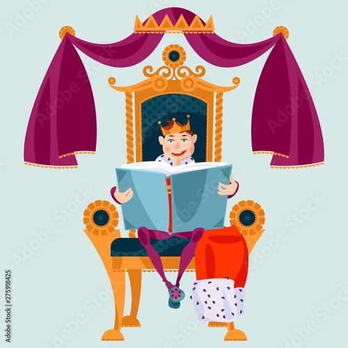 Little prince reads a big book sitting on a throne.