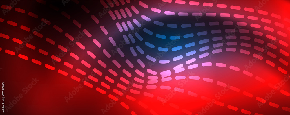 Fototapeta premium Smooth wave lines on blue neon color light background. Glowing abstract wave on dark, shiny motion, magic space light