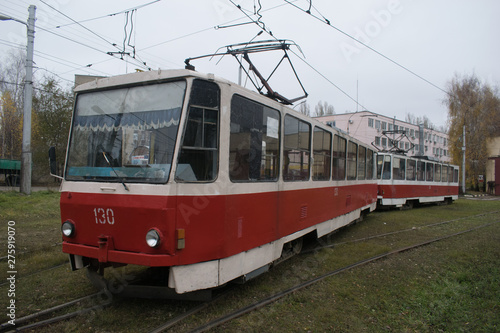 Two trams Tatra T-3M (T6B5) in the Lipetsk depot. Old tramway. Tram depot © Andrey