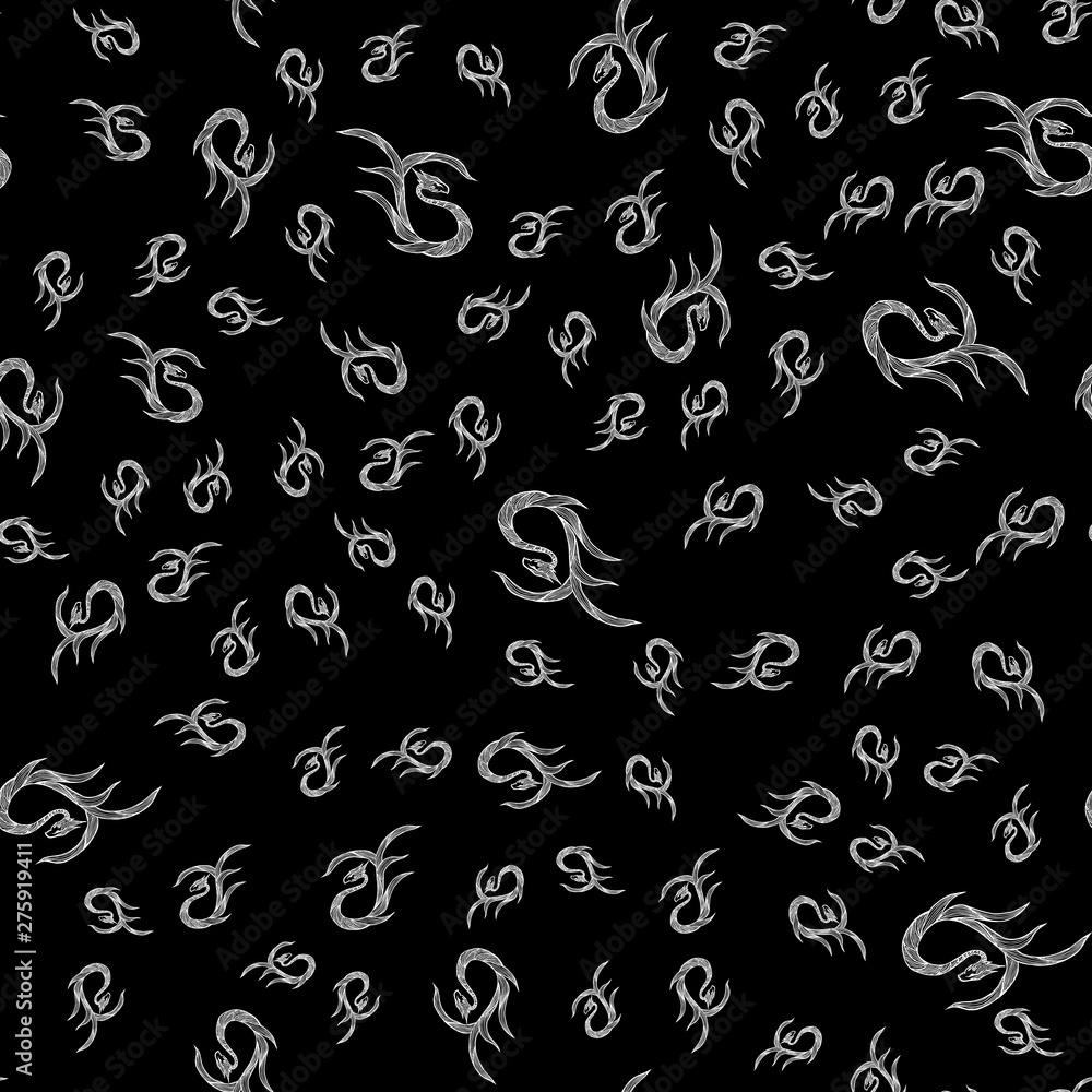 Seamless pattern of hand drawn vector dragon isolated on black background. Fantastic dragon icon. Freehand seamless silhouette of mythology aminal. Fantasy outline illustration Seamless pattern of hand drawn vector dragon isolated on black background. Fantastic dragon icon. Freehand seamless silhouette of mythology aminal. Fantasy outline illustration