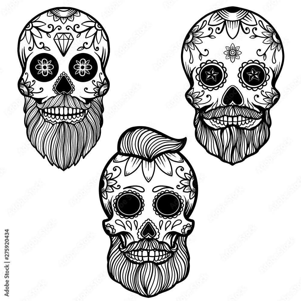 Fototapeta premium Set of hand drawn mexican bearded sugar skull isolated on white background. Design element for poster, card, banner, t shirt, emblem, sign. Vector illustration