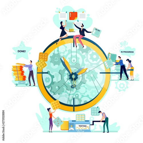 Deadline, time management, teamwork and business mechanisms concept vector. Large watches with gears and workers with task cards from to do to done. Hidden mechanisms and gears of business processes