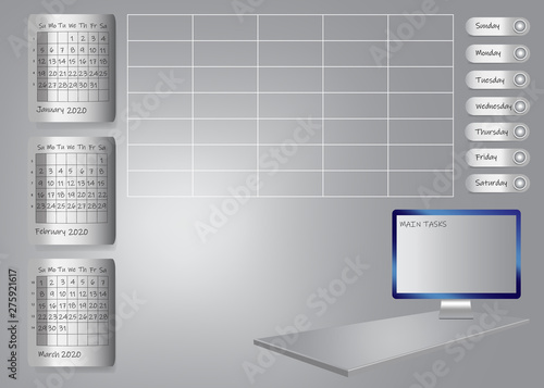 Weekly planner for first quarter of 2020 year on metallic sheets with chart and PC screen for main tasks standing on 3d gray desk. All potential trademarks are removed. 