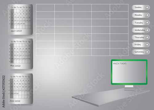 Weekly planner for second quarter of 2020 year on metallic sheets with chart and PC screen for main tasks standing on 3d gray desk. All potential trademarks are removed. 
