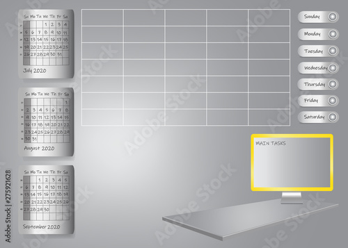Weekly planner for third quarter of 2020 year on metallic sheets with chart and PC screen for main tasks standing on 3d gray desk. All potential trademarks are removed. 